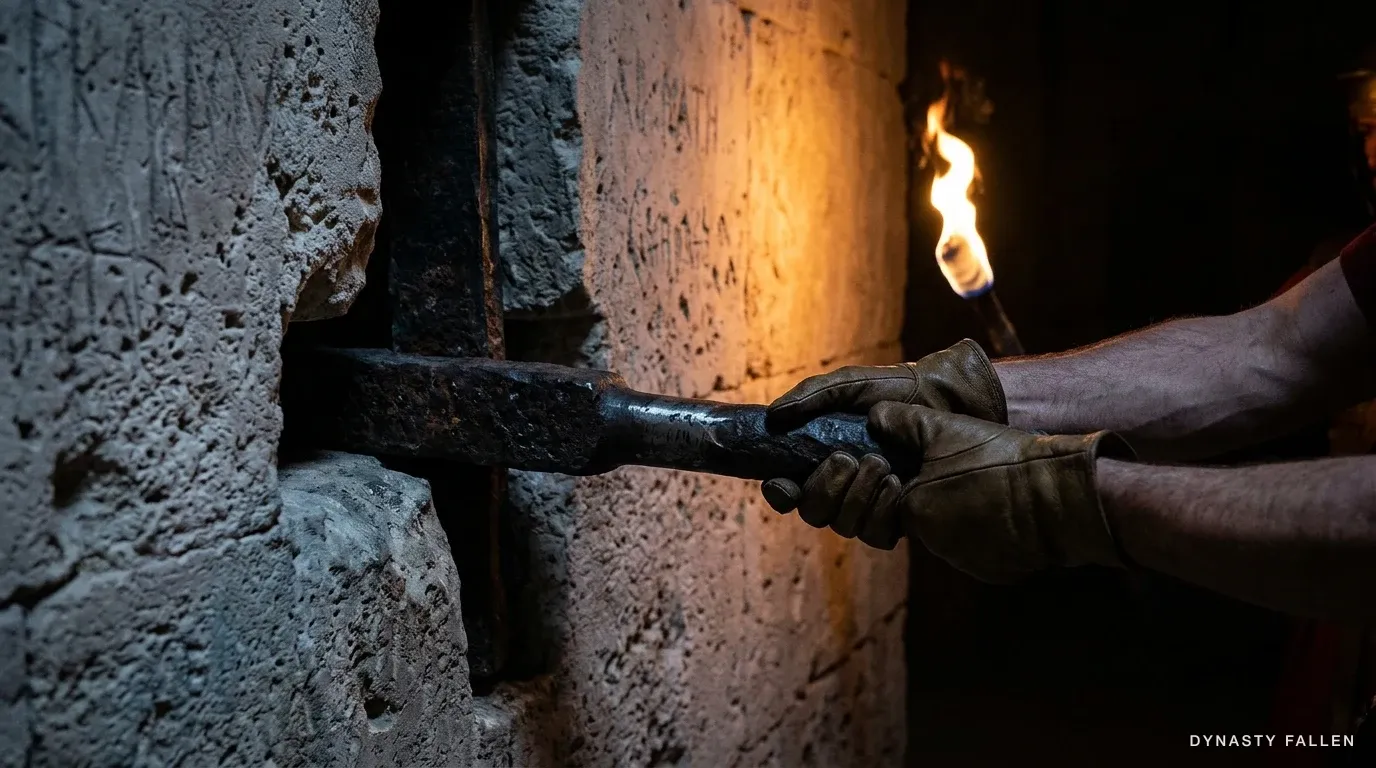Close-up of the interior mechanism of Alexandria Gates, hands pulling the iron bolt back.
