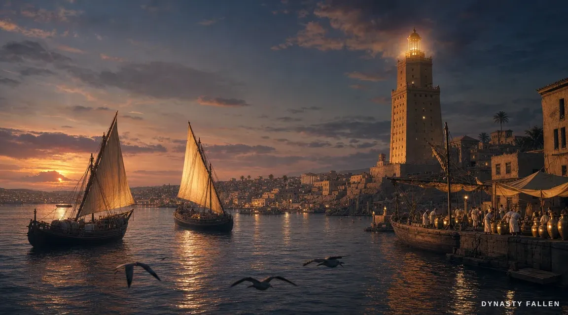 A sweeping view of Alexandria's harbour at dusk under a deepening sky.