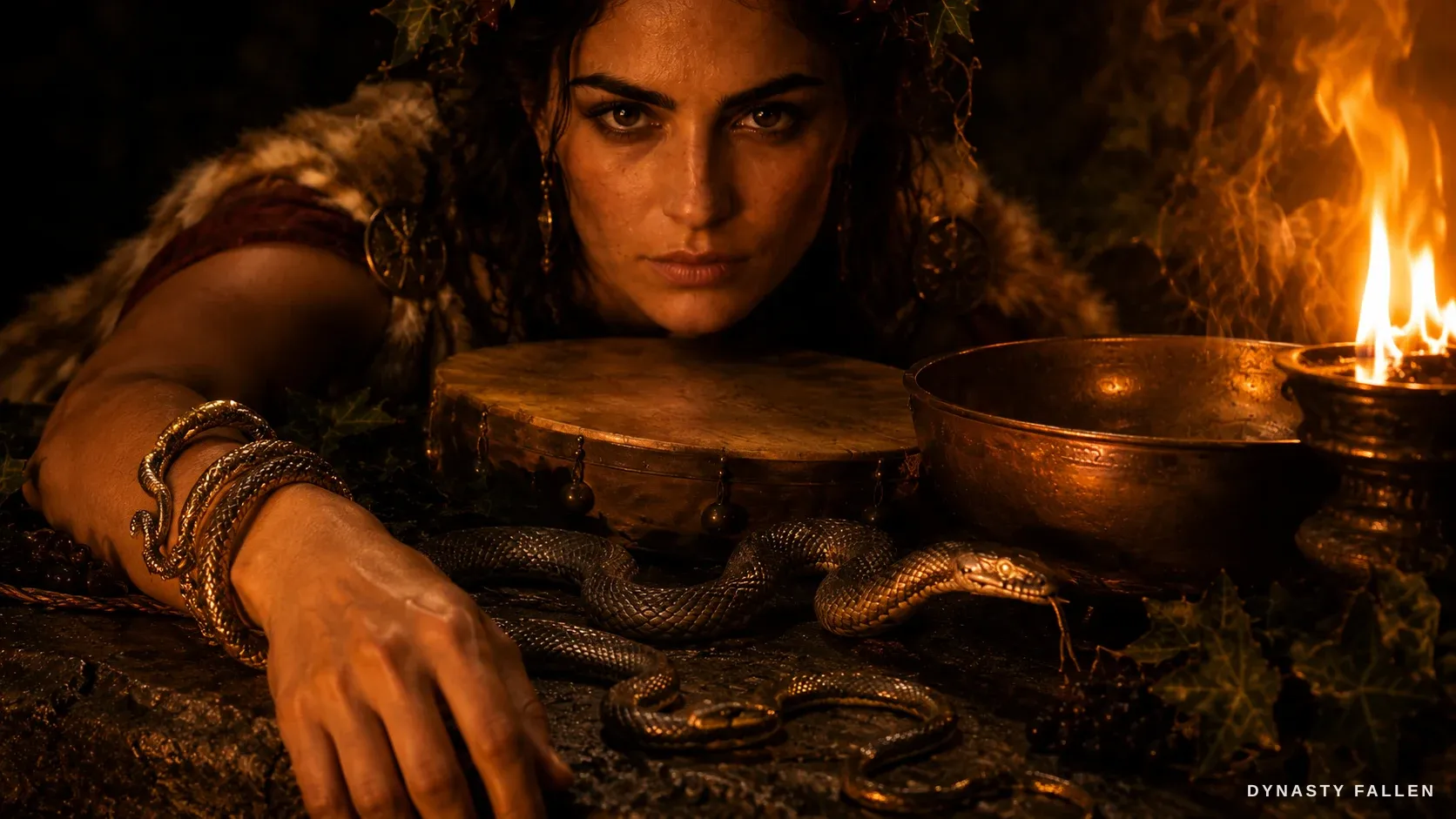 The rite-altar in firelight — a grey-and-bronze serpent coiled on the altar stone beside the round hand-struck tympanon and a bronze offering bowl, a live flame at the edge of frame.