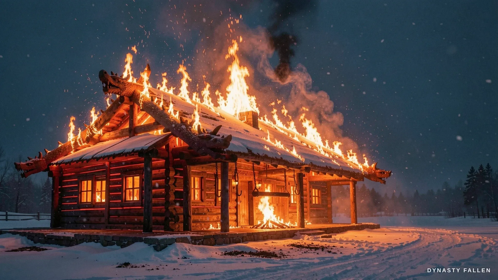 A wide exterior view of the longhouse fully ablaze under a d.