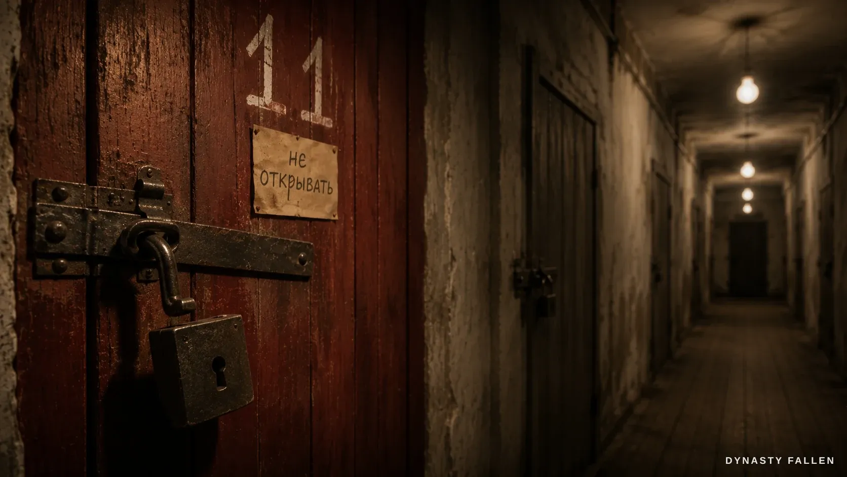 A heavy black iron padlock hanging open on the red No. 11 door of the Ipatiev House corridor.