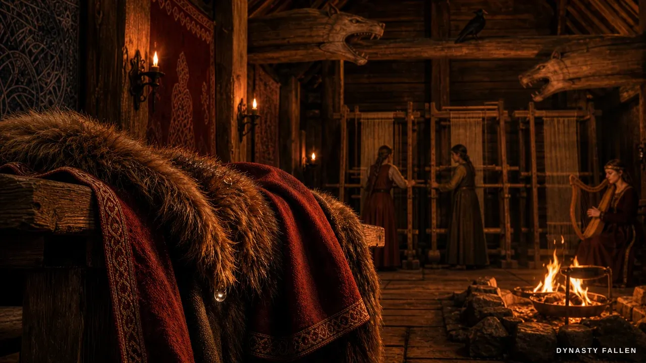 A close view of a heavy bear‑fur trimmed cloak draped across.