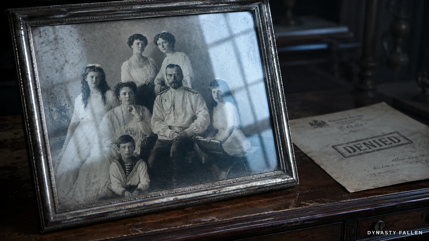 A framed 1913 Romanov family photograph propped on a desk beside an official document stamped DENIED.