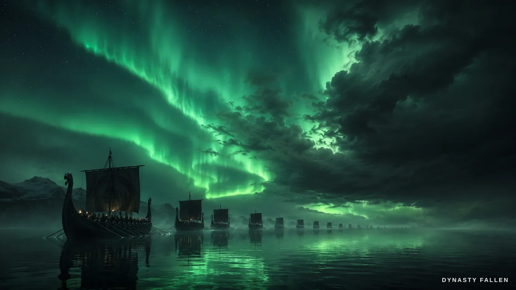 Harald's fleet drives away and shrinks into an aurora-lit distance over a vast cold sea.