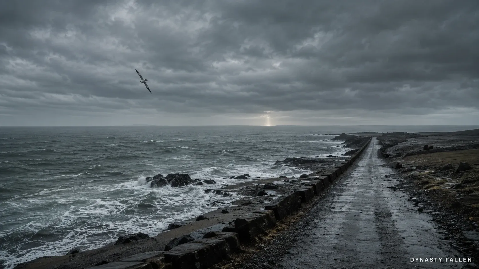 A held wide of the cold grey heaving North-Atlantic sea under an iron sky, a gannet folding into a dive.