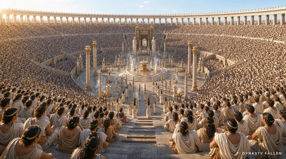 A sweeping panorama of the tiered audience filling the Gymnasium of Alexandria.