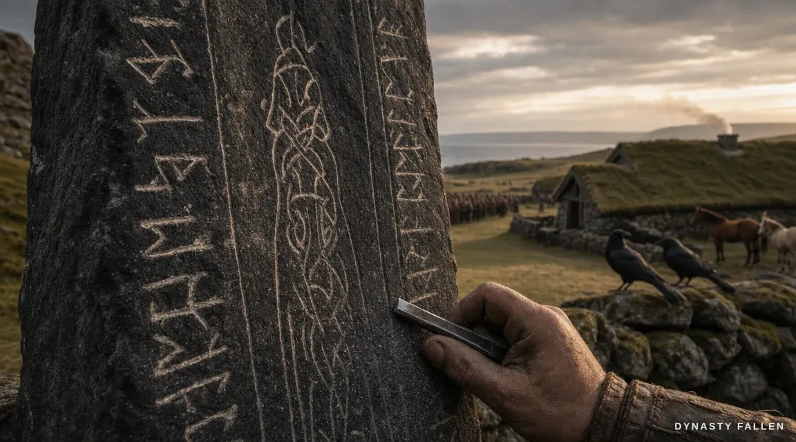 An extreme close-up of the face of the central rune-stone, chisel cutting.