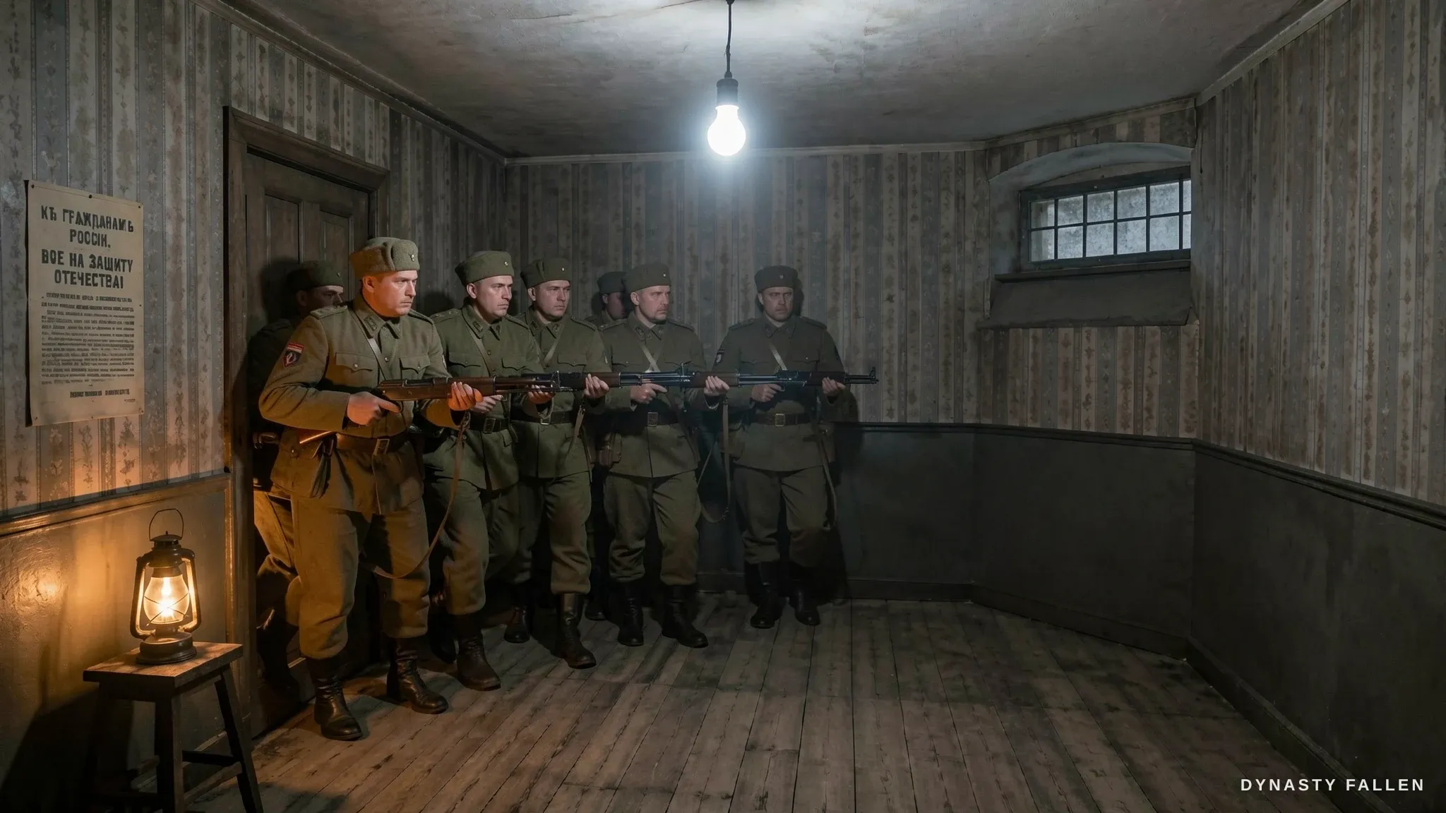 A firing squad of drab khaki Bolshevik soldiers filing into the cellar along the wall.