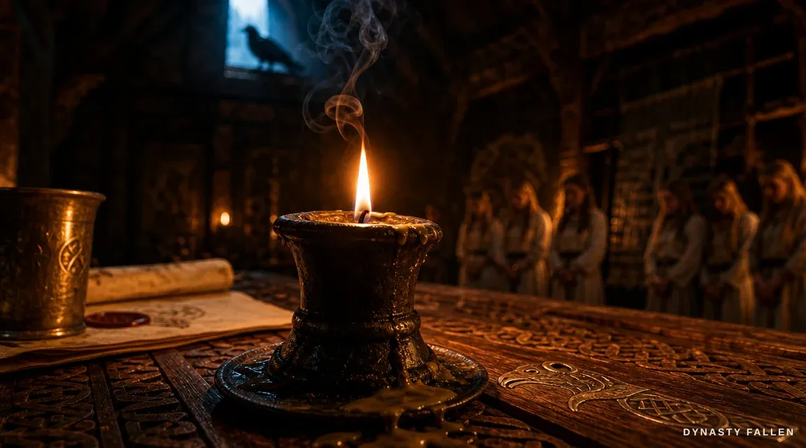 An extreme close‑up of the candle on the long carved cedar t.