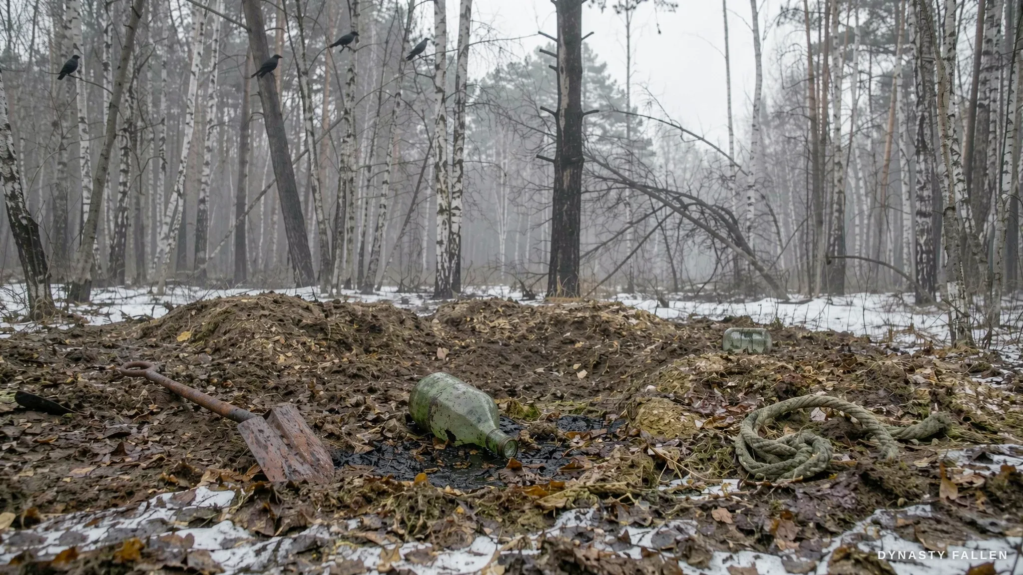 Tipped, corroded glass acid carboys lying in the leaf litter of the Koptyaki forest.