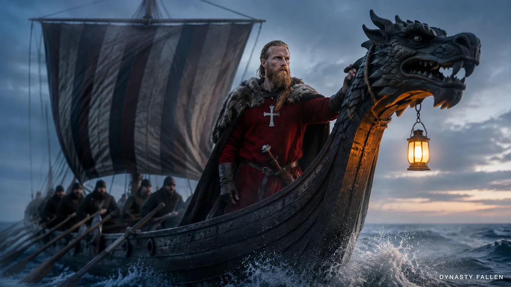 Olaf at the prow of his longship, dark wolf-grey fur cloak heavy on his shoulders, the wind catching its edge, dark blond braid falling down his back, steel-grey eyes staring forward across the slate-grey water, left hand gripping the carved dragon-head prow, single horn lantern at the bow casting a warm amber pool on the deck.