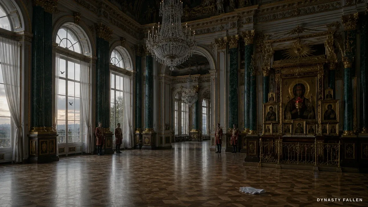 The palace marble hall stretches wide, its grandeur dimmed, a solitary figure far off.