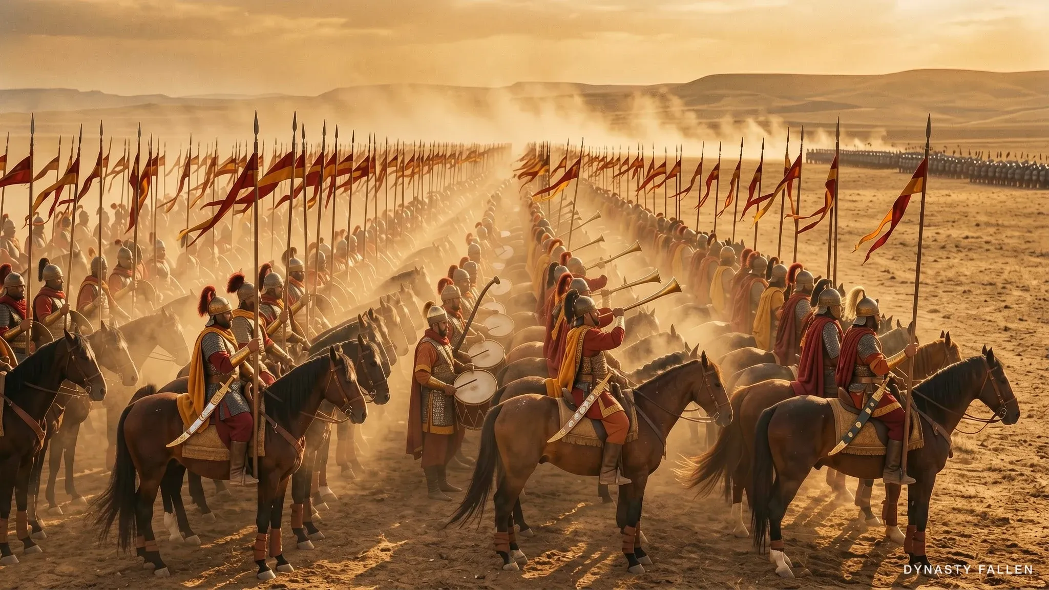 Hundreds of Palmyrene riders in crimson and gold.