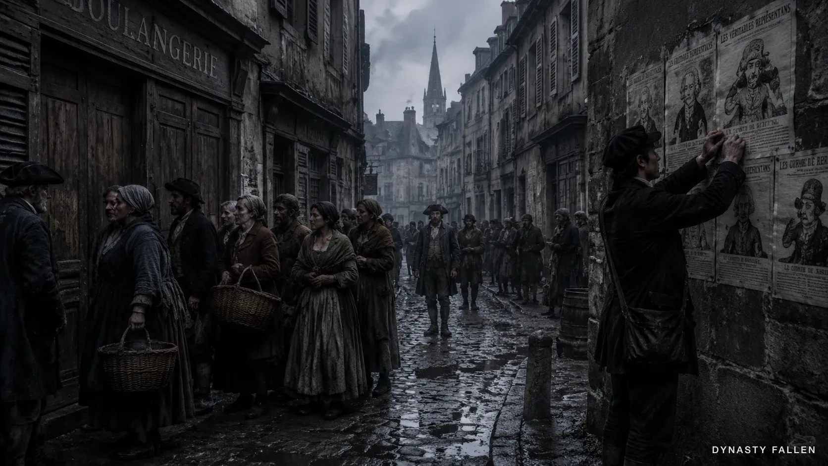 A 1780s Paris street: a thin bread queue at a shuttered baker as a hand slaps a wet pamphlet on the wall.