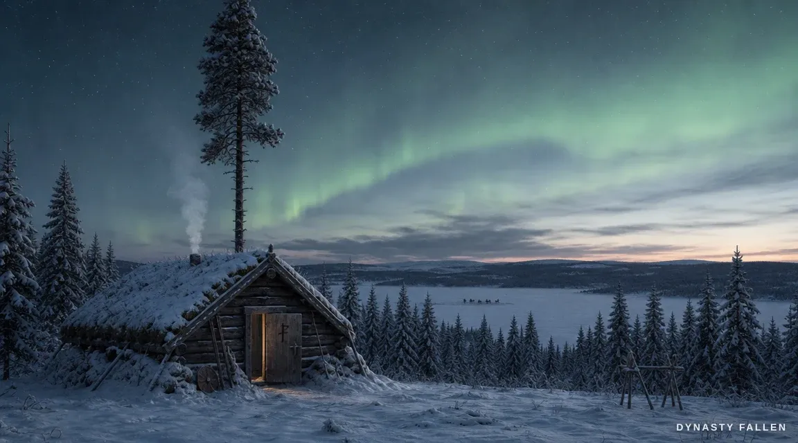 A wide view of Sami Hut Exterior reveals the small turf‑roof.