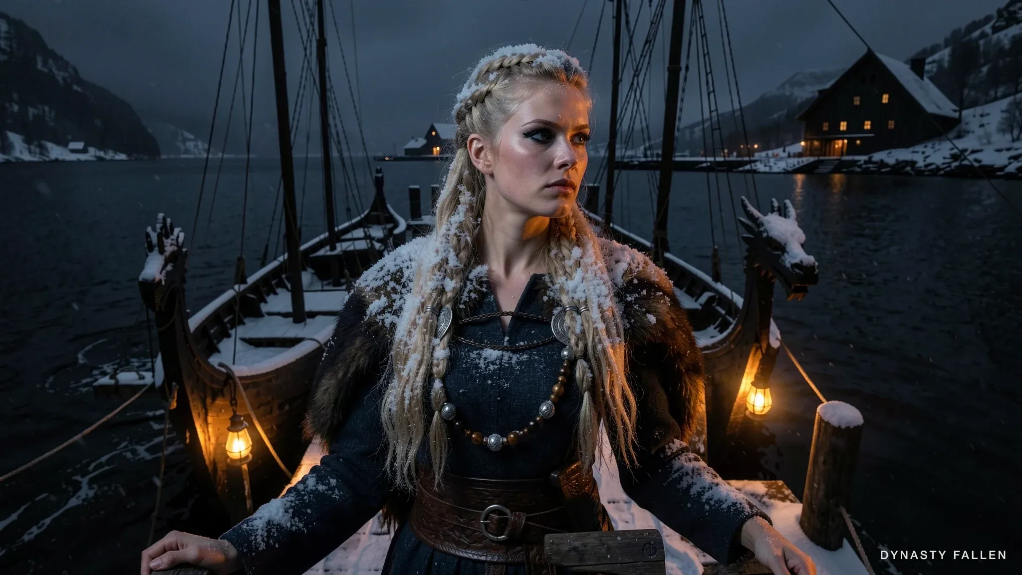 Close three-quarter profile of Sigrid, pale blue-grey eyes lined with charcoal kohl, wheat-blonde warrior braids dusted with snow, fur stole at her collarbone, the carved dragon prow blurred behind.