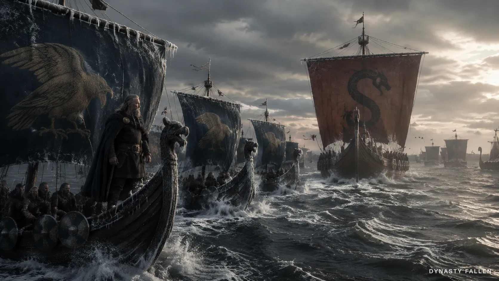 Twelve slate-blue Danish longships rushing the Long Serpent's southern flank, square sails marked with bronze raven motifs, the lead vessel's prow angled toward the Long Serpent, Sweyn Forkbeard at the bow in a slate-blue wool cloak, water churning white around the approaching hulls.