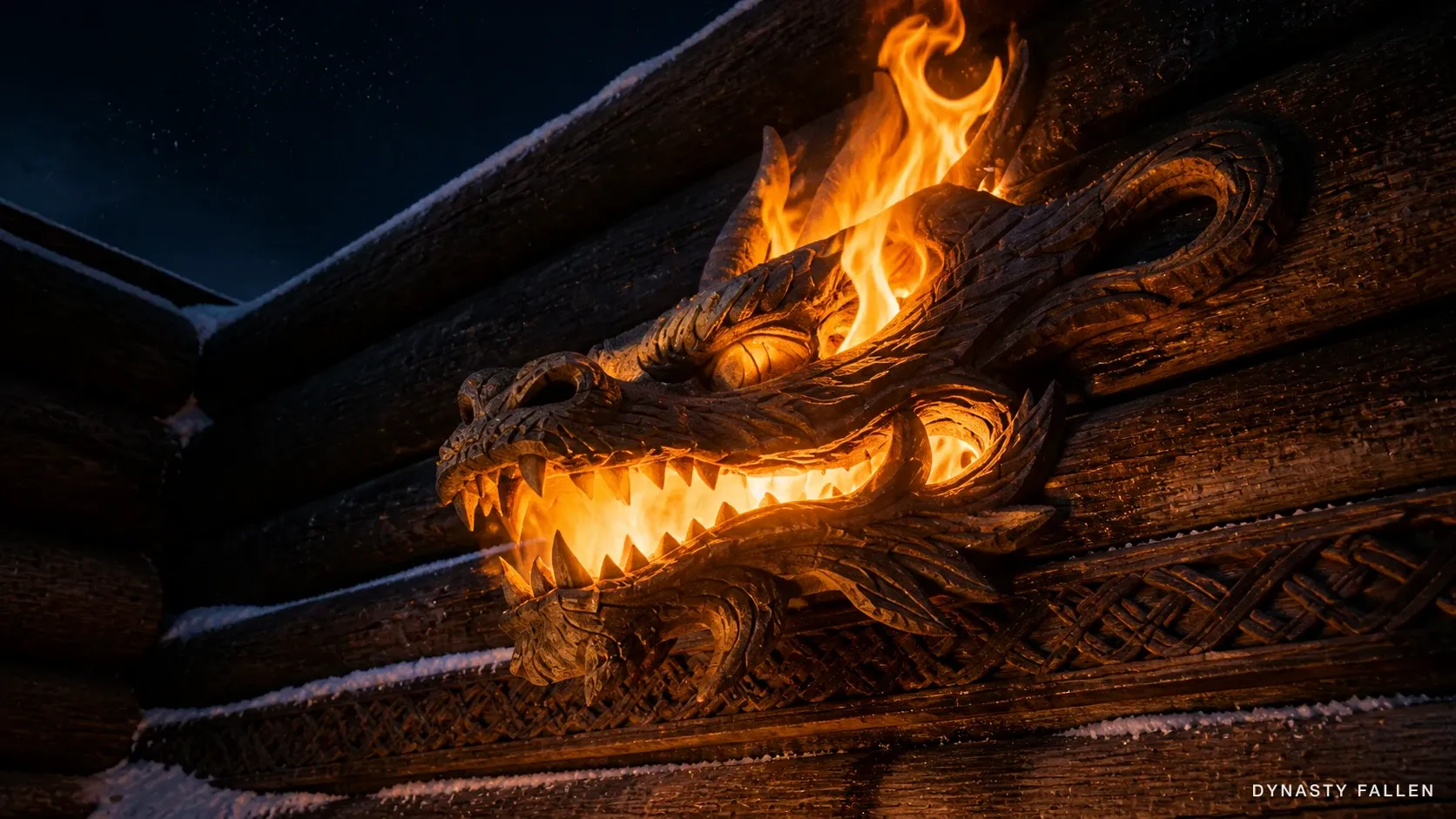 Carved dragon-head beam on the longhouse exterior wreathed in climbing fire, flames wrapping the snarling jaws so the dragon appears to breathe its own fire, sparks rising into the deep indigo night.