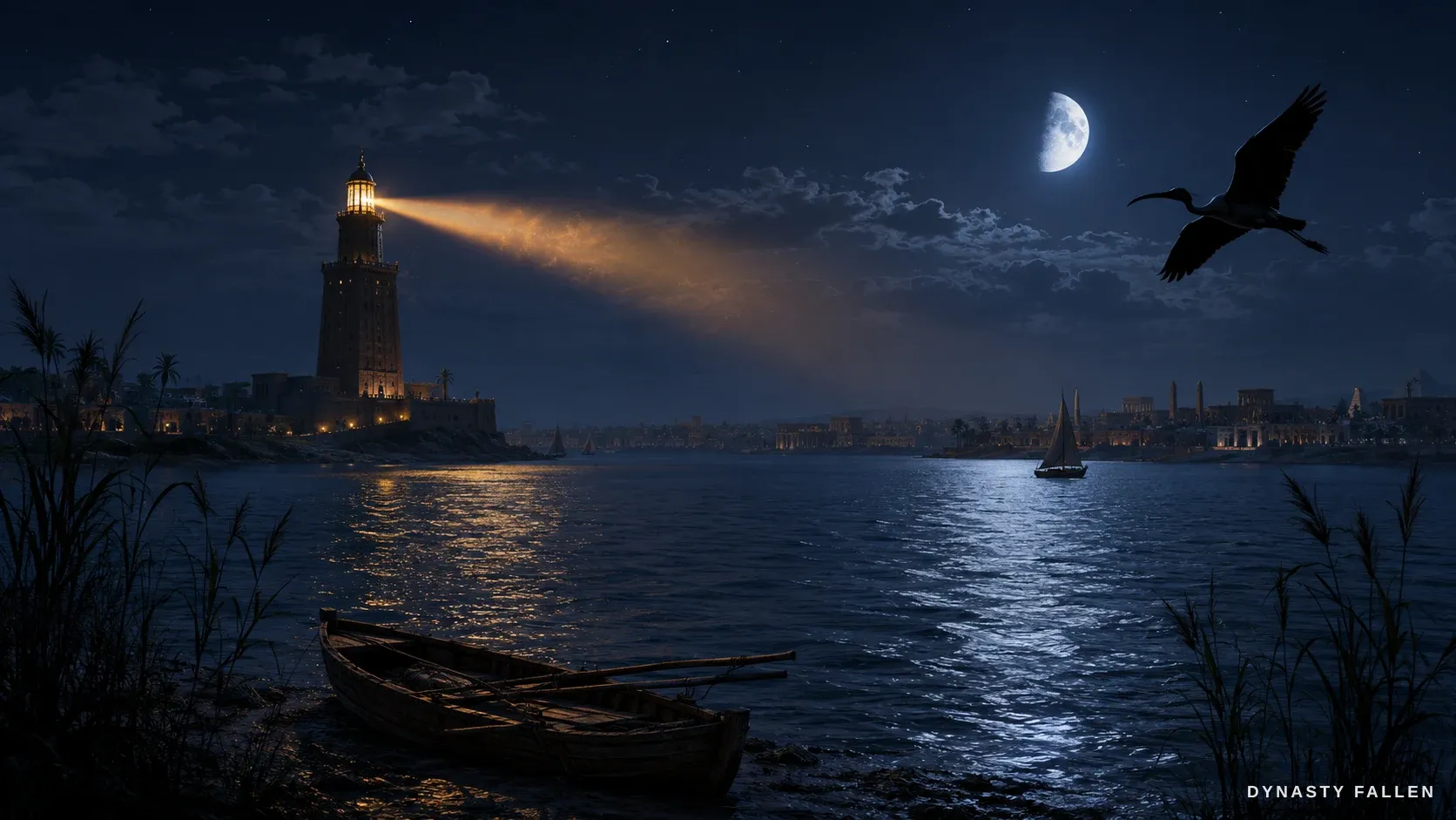 A wide night view of the Nile, the reeds and dark water under a thin moon.