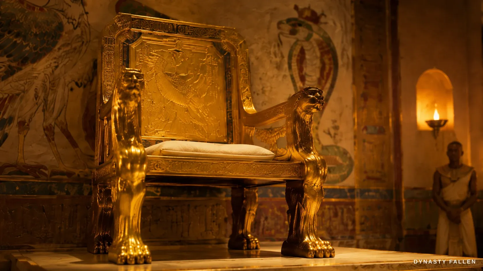 An extreme close view of the empty pharaonic throne on its sandstone dais.