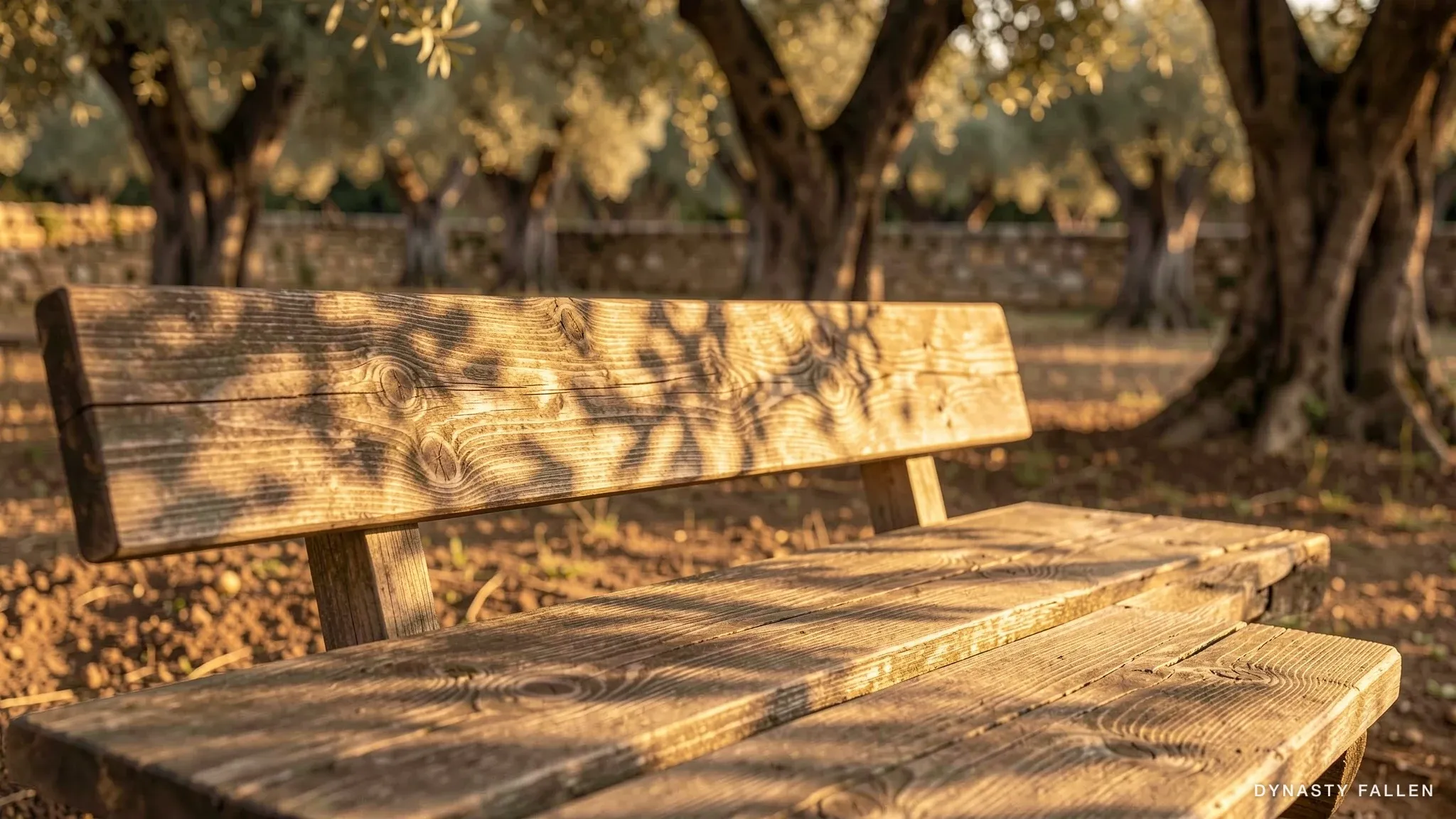 A weathered olive-wood bench in an open clearing, sunlight glinting.