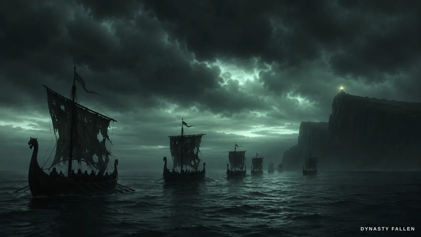A thin, broken line of Norse longships limping home across a grey sea — the survivors of the catastrophe.