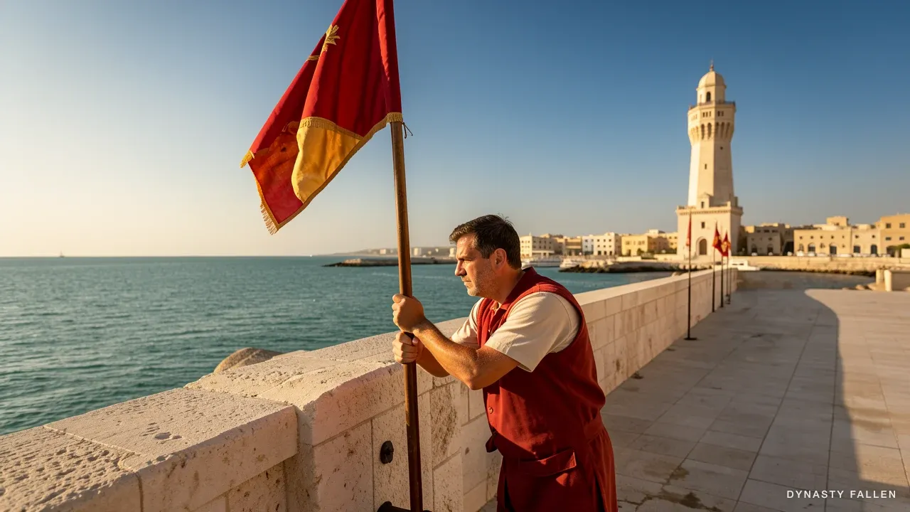 A close-up of a Palmyrene standard-bearer planting the pole on the limestone of Alexandria Harbour.