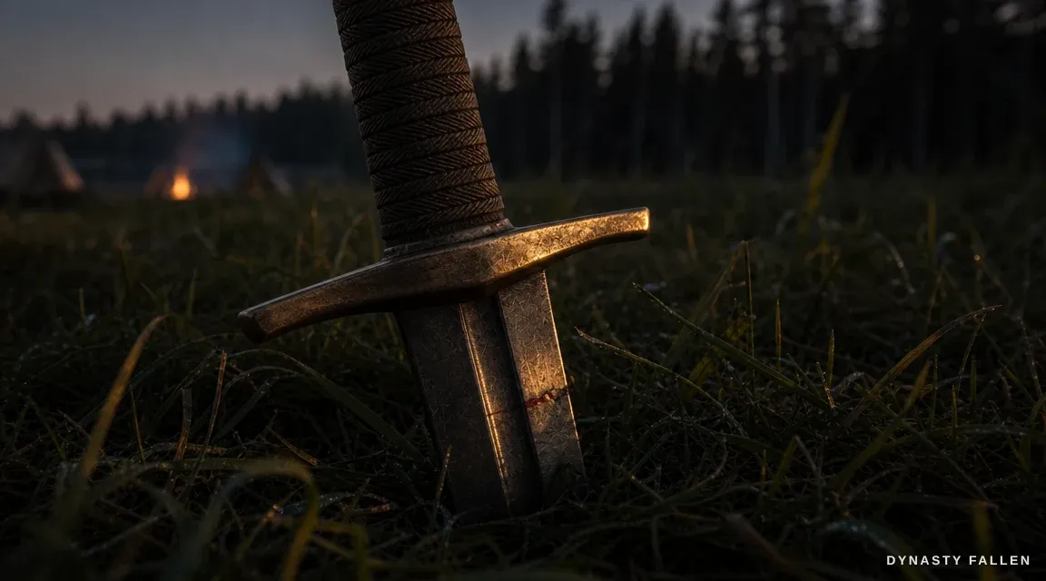 A close‑up of the iron sword rests point‑down in the summer‑.