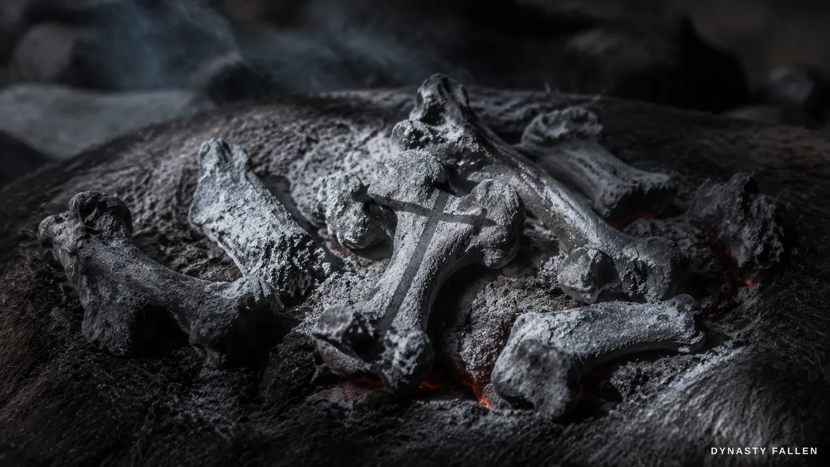 Macro of the burned knucklebones in cold grey ash, the crucifix's shadow settling still across them.
