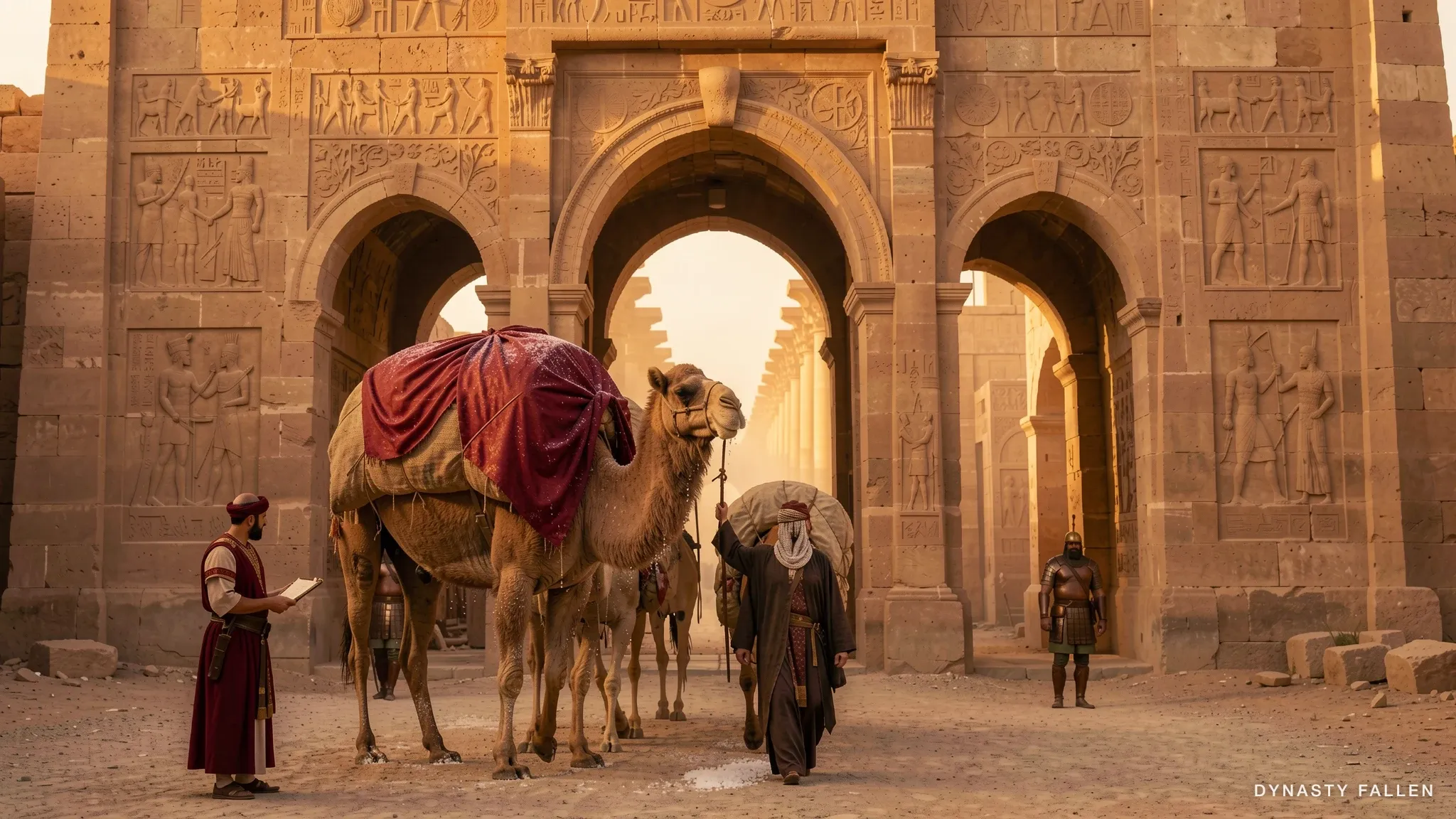 Close to medium shot at the City Gate — a camel stands being loaded beneath the arch.