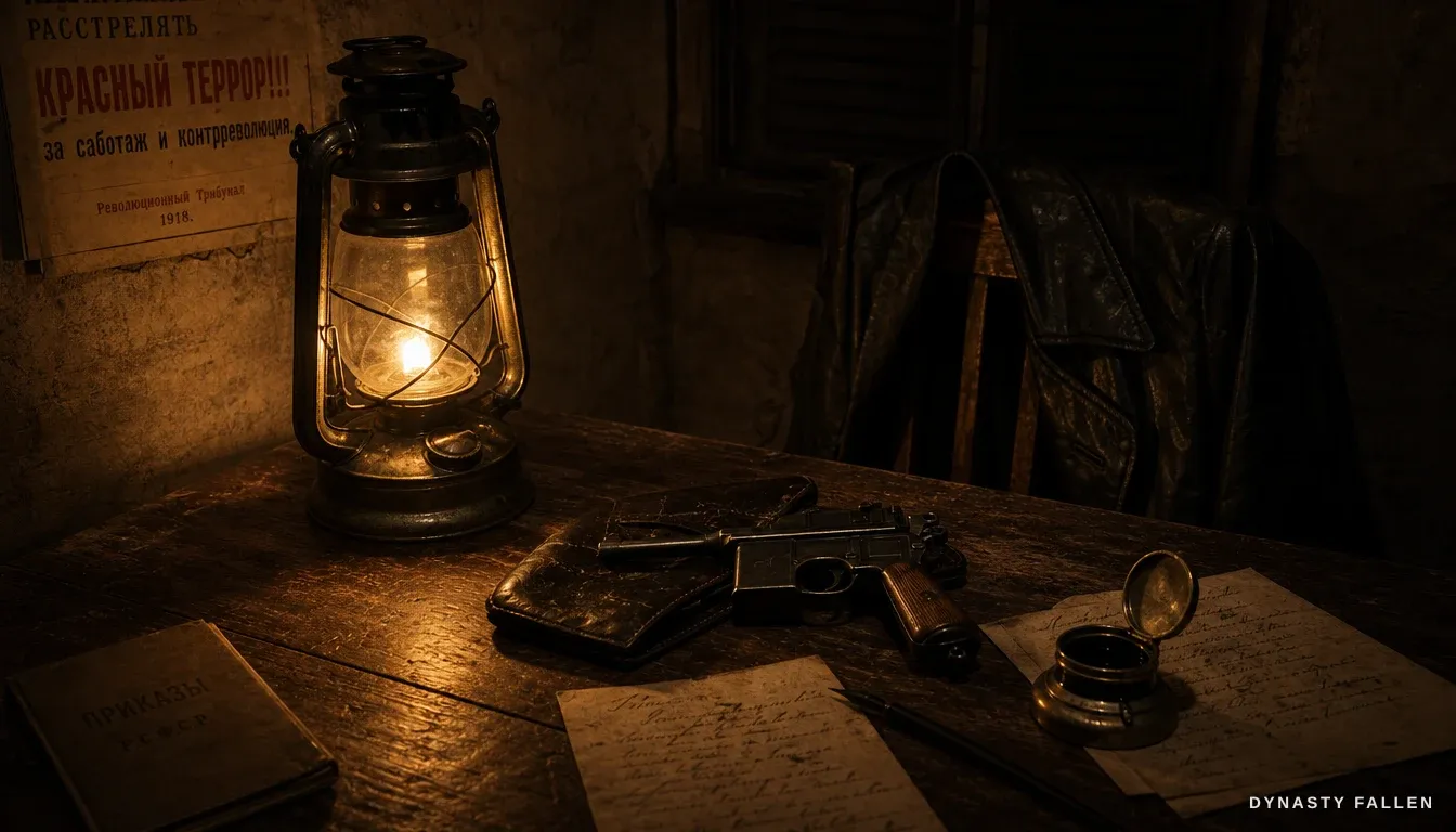 A commandant's room in Yekaterinburg, 1918 — lantern, Mauser pistol, pocket watch and loose papers on a bare desk under a Red Terror poster.
