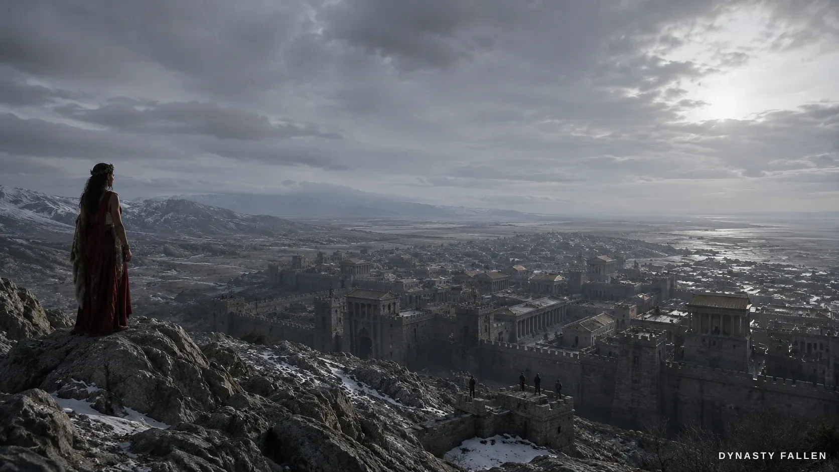 An extreme wide from the mountain ridge down onto the distant iron hall-town of Macedon in the valley, mist drifting across it under a heavy grey sky.