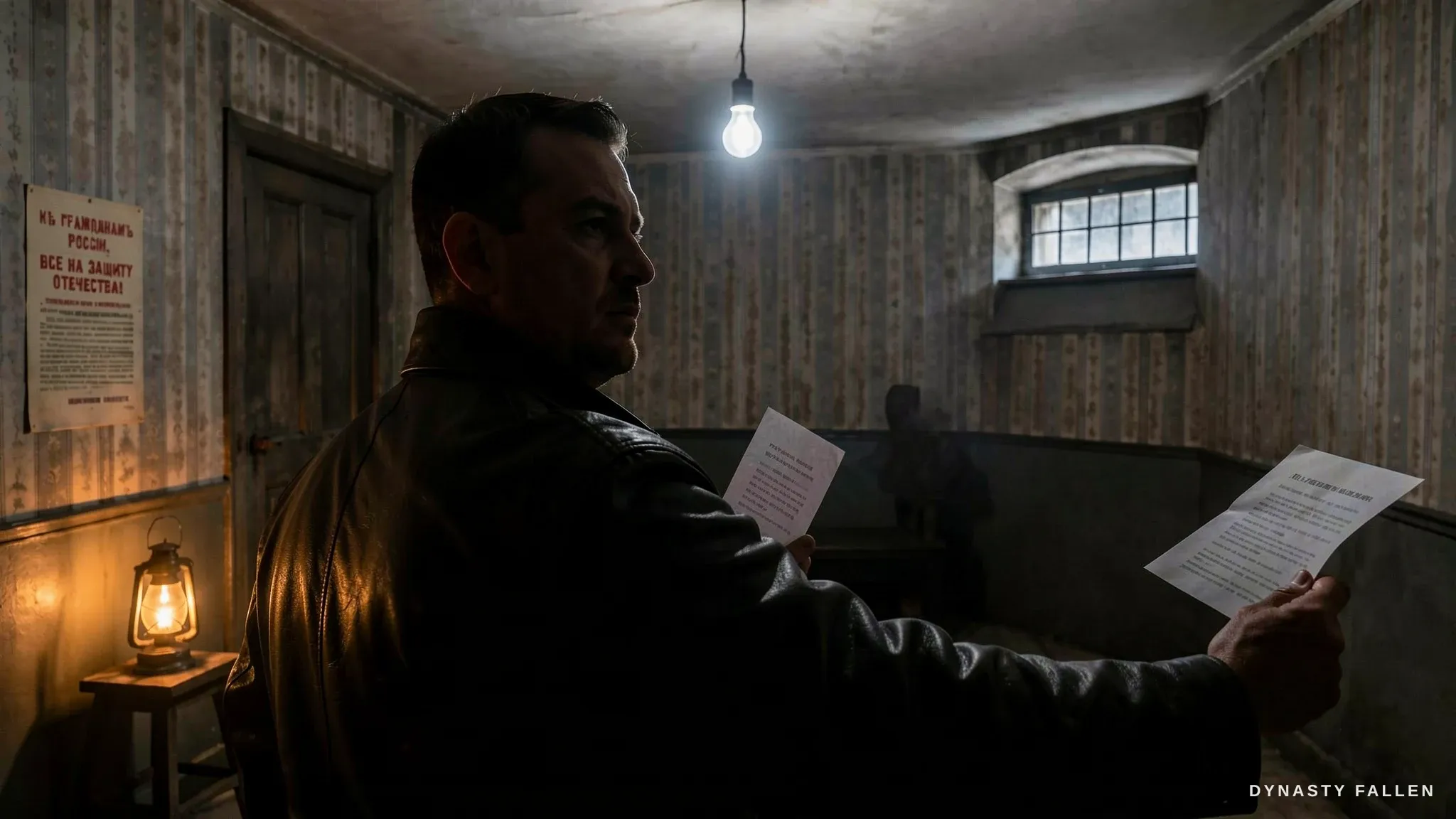 A leather-coated Bolshevik silhouette holds the folded sentence in the cellar, his face withheld.