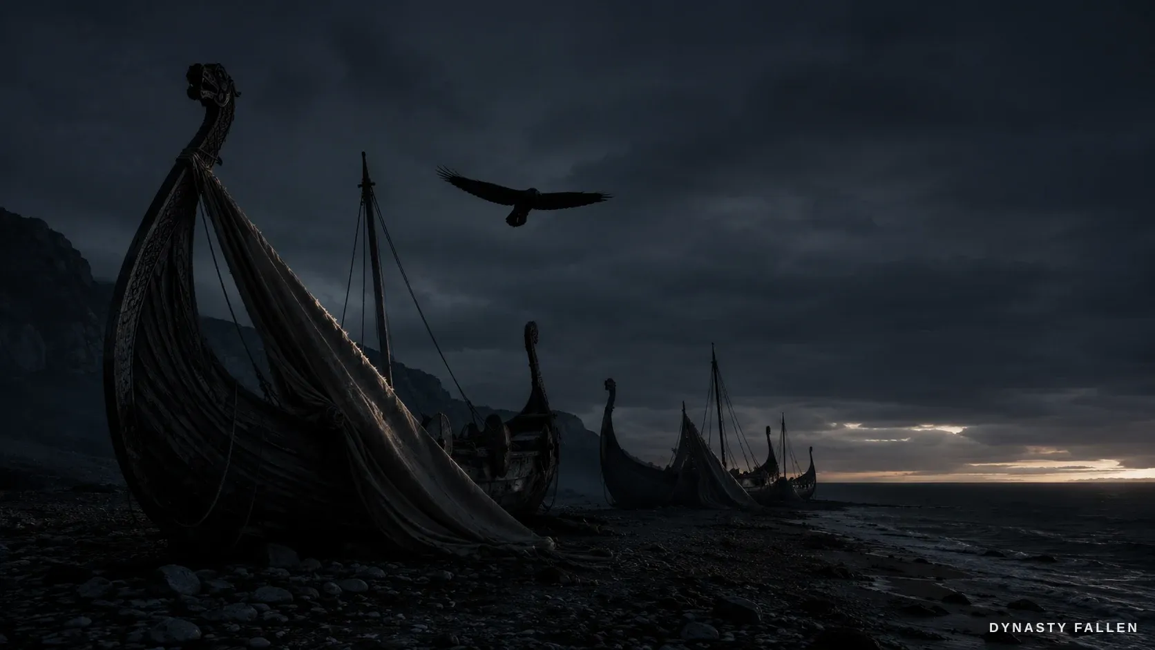 A dusk launch-shore with beached longships on the grey shingle, a lone raven gliding low across the slate sky.