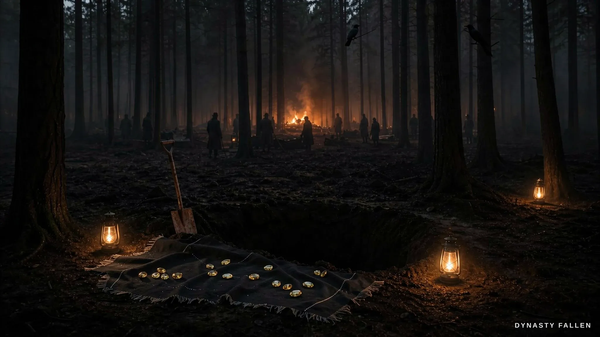 A torn jewel-lined cloth fragment, gems glinting in the lantern-light of the night forest.