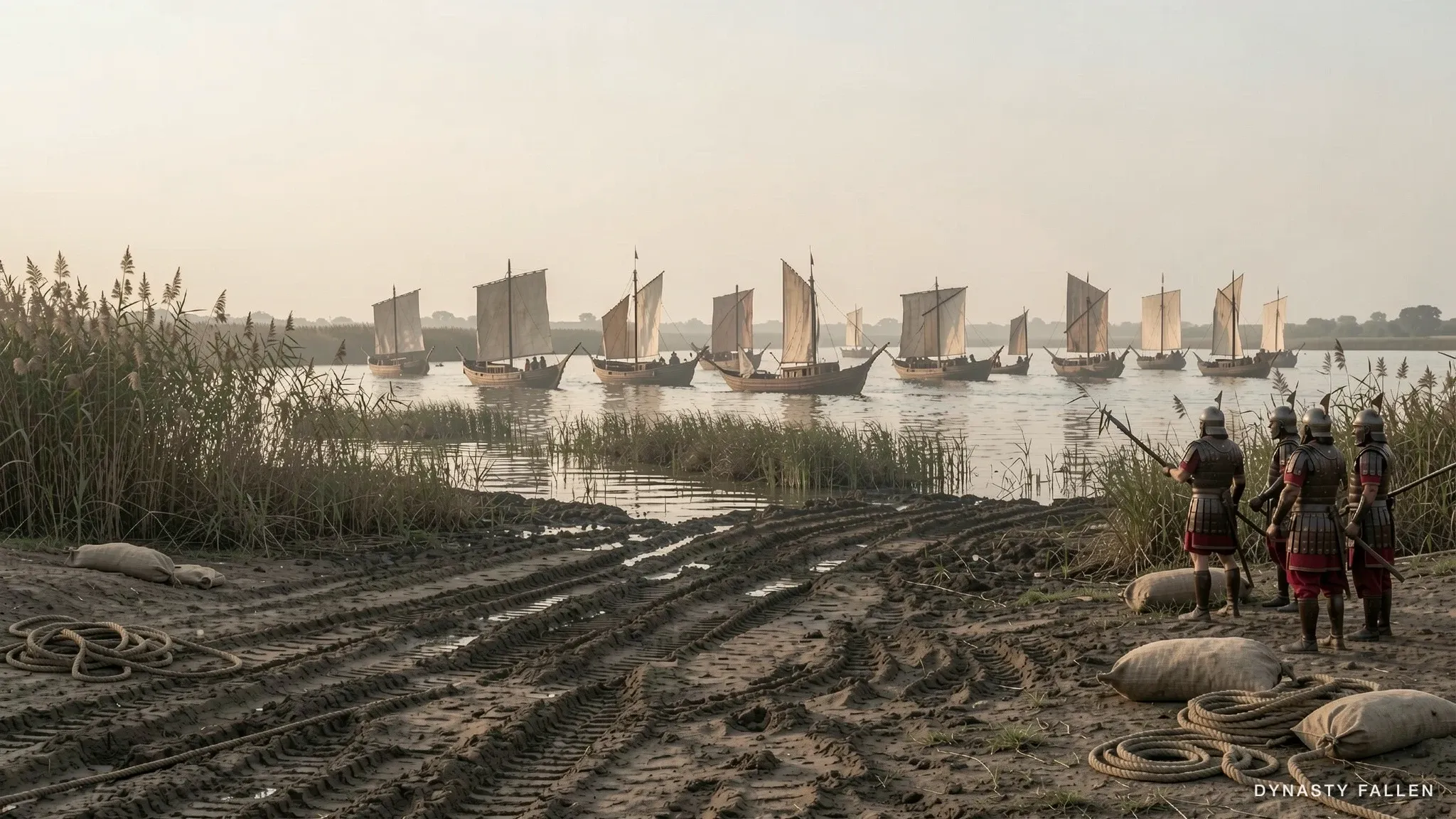 Twelve wide-bellied wooden grain ships on the Nile riverbank at dawn.