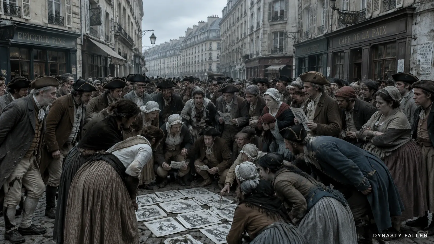A Paris crowd of ordinary people clustered over caricature pamphlets of the queen.