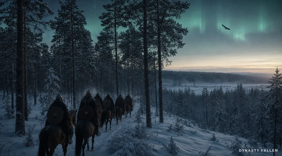 From a distant perspective, six Norse horsemen appear as dar.