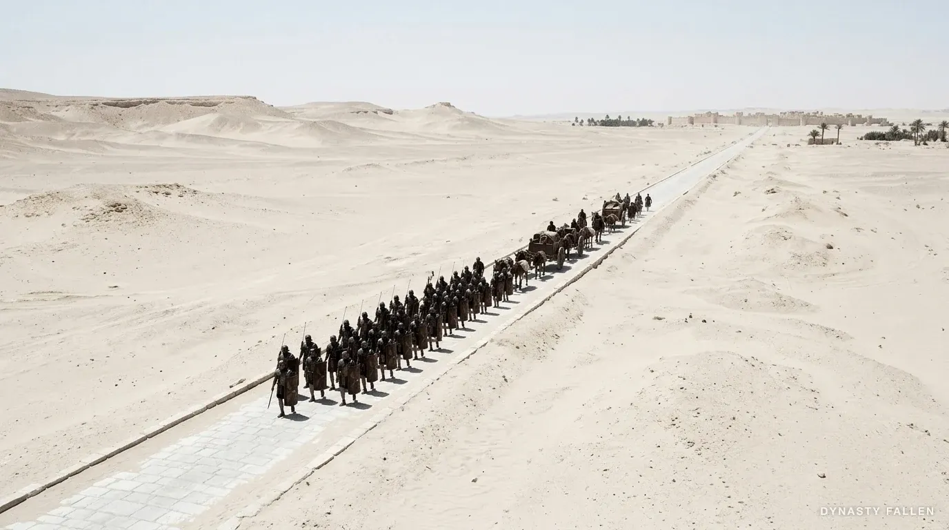 High aerial over the Roman desert road, a slow pull upward and back.