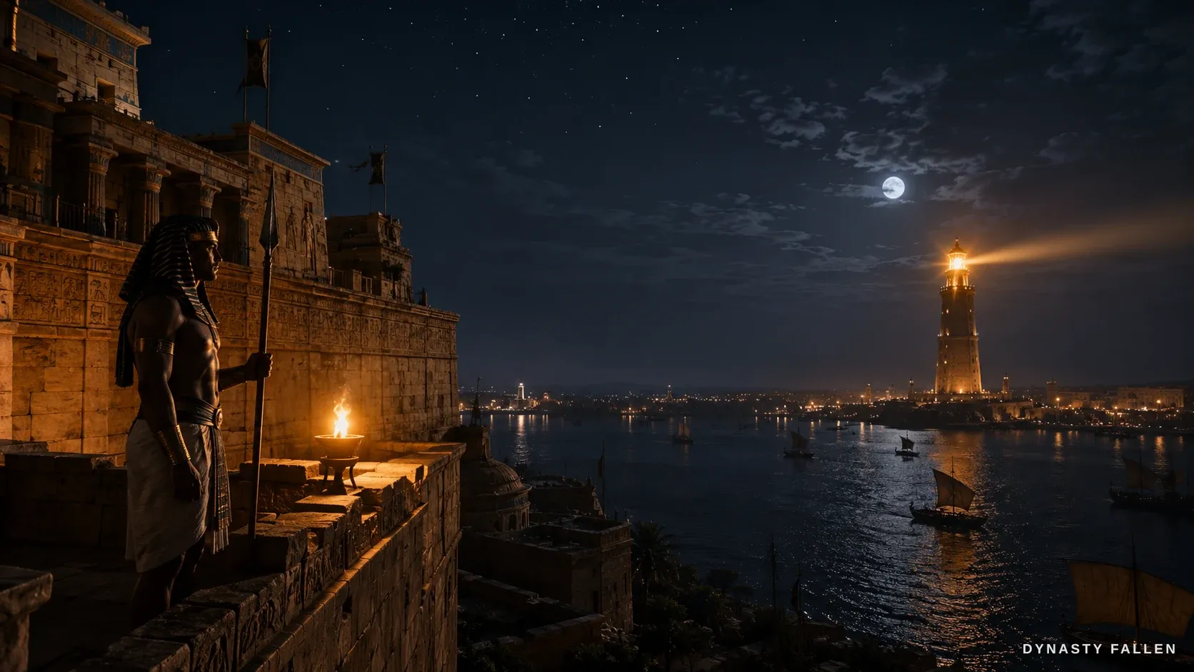 The royal palace of Alexandria seen from outside at night, lamps along the wall.