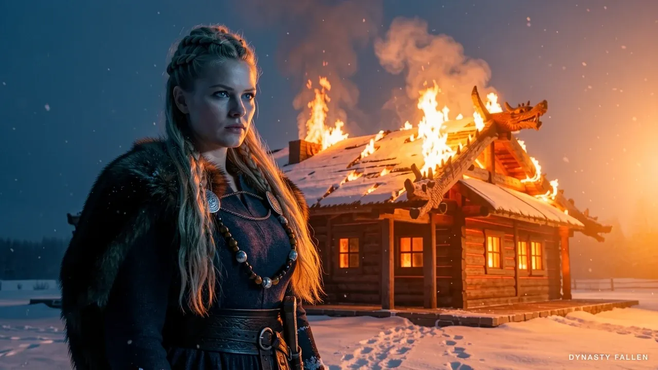 Sigrid in three-quarter profile walking through snow, the burning longhouse behind her wrapping her right side in fire-glow, the left in cold blue night, her face set hard, no celebration.