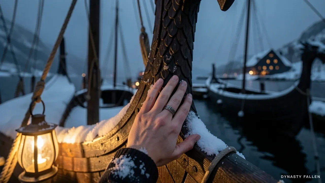 Close view of Sigrid's right hand lifting from the carved dragon neck of the longship, melted snow on her fingers, amber lantern light catching the motion, the iron marriage band on her left ring finger glinting at the edge of the frame.