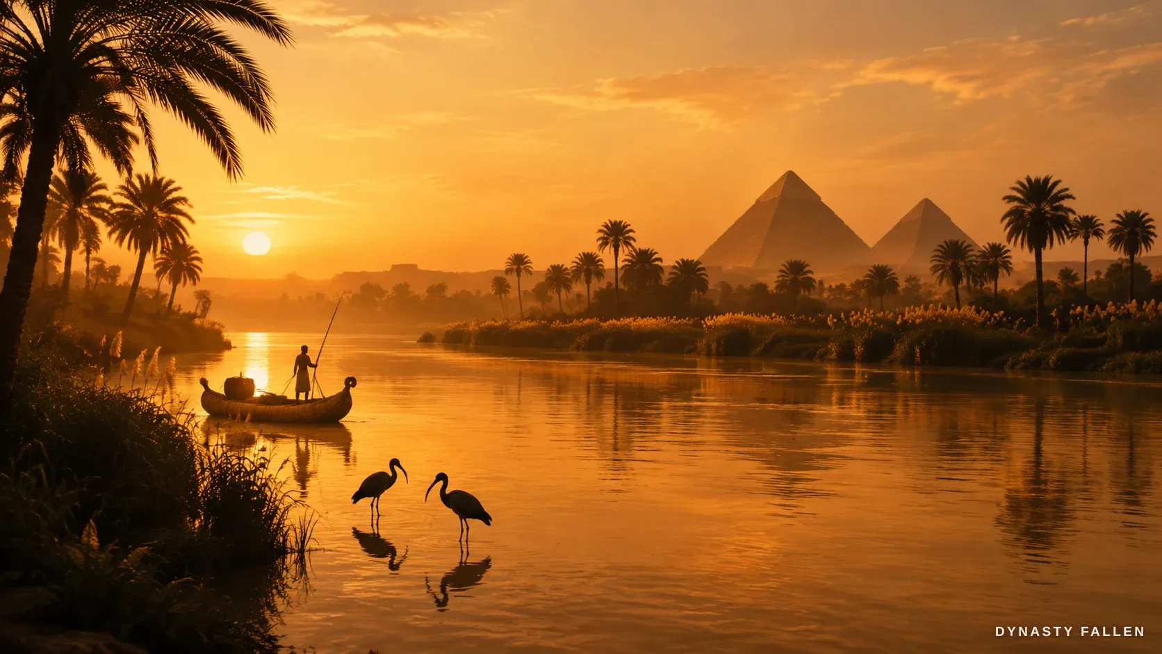 A wide golden-hour view of the Nile, the river that carried the dynasty.