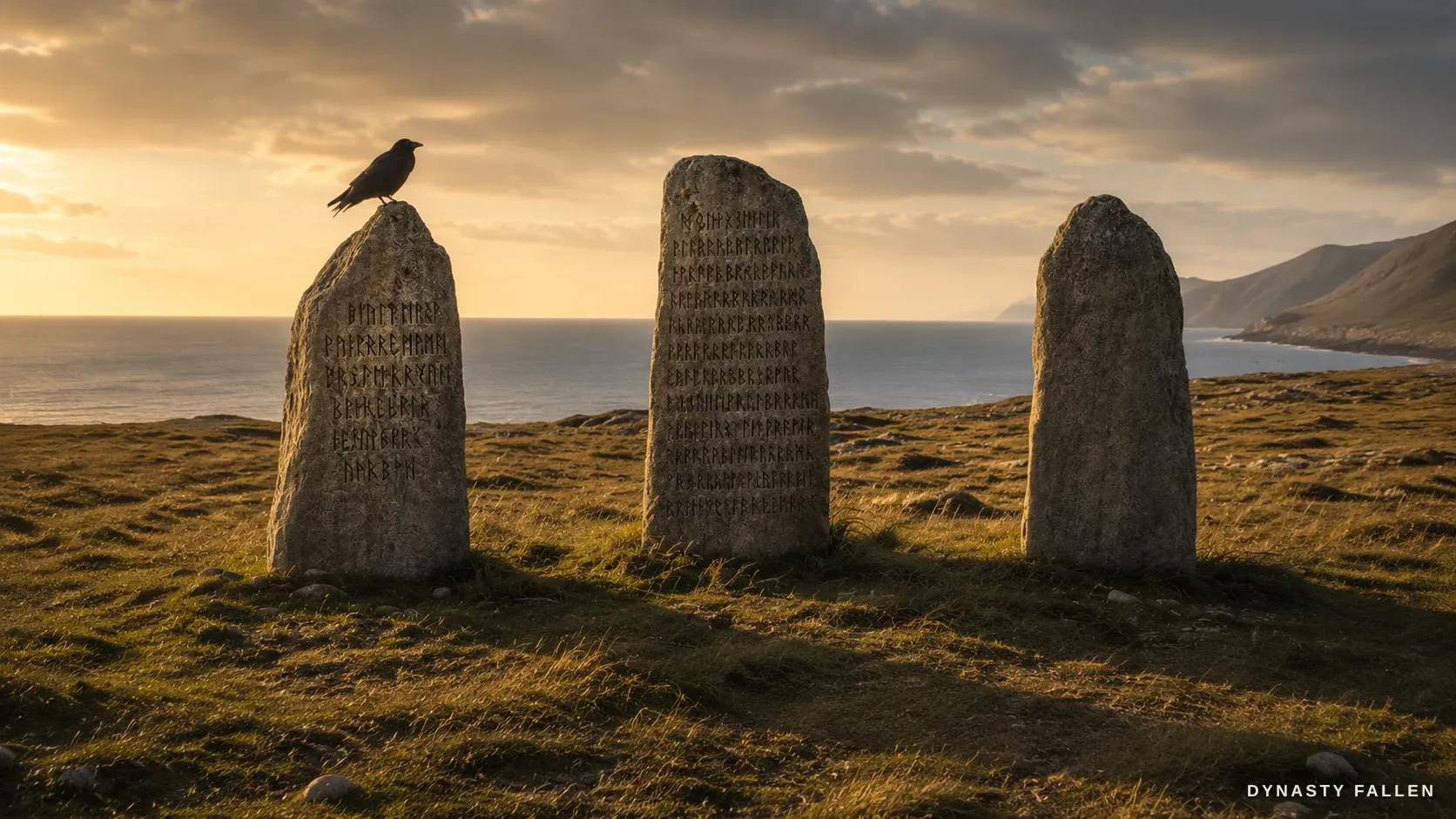 A wide view of the Thingstones Lineage Grove on the Greenland coast, three stones.