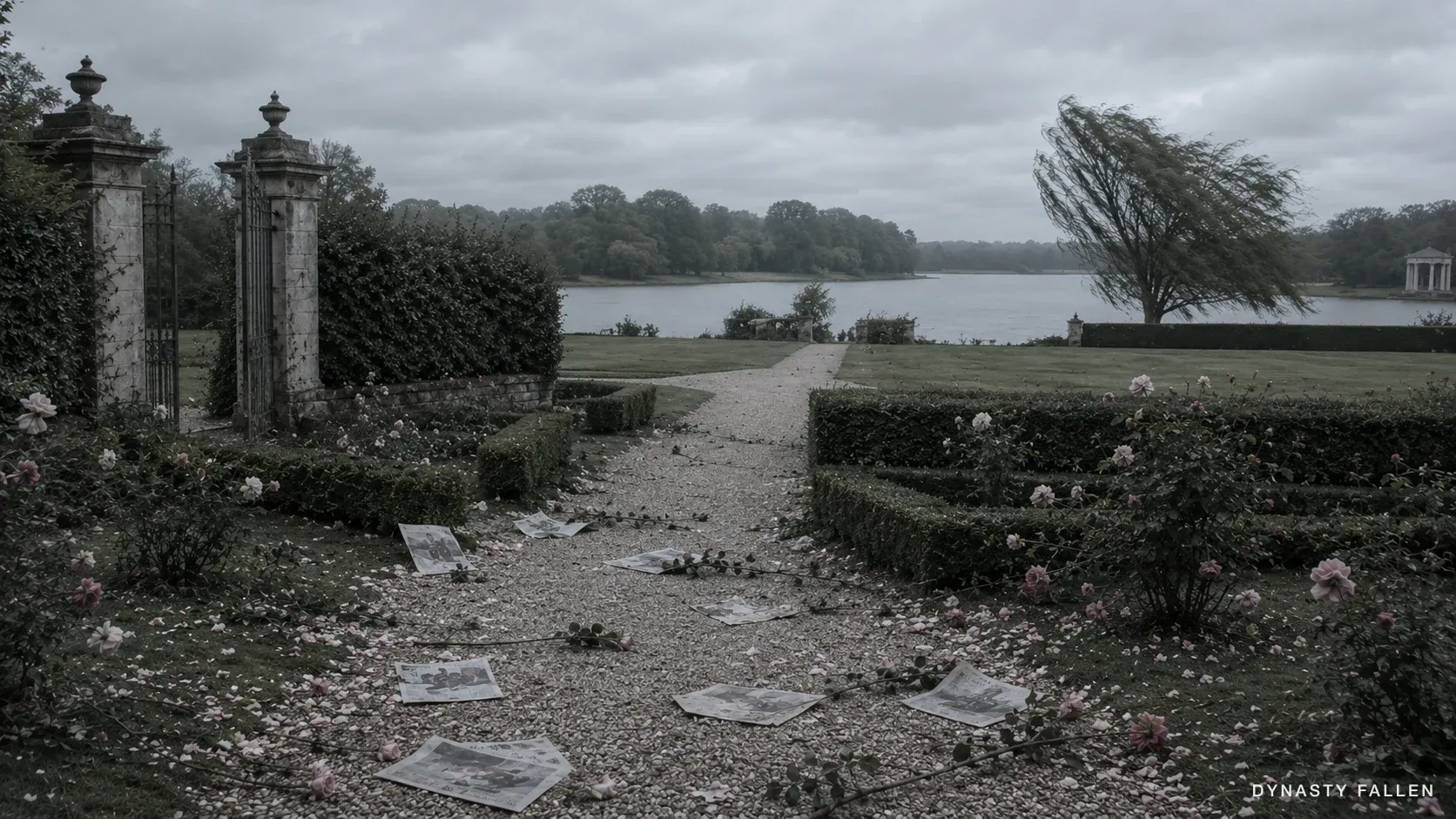 The emptied Petit Trianon garden under cold light, a caricature broadsheet loose on the gravel.