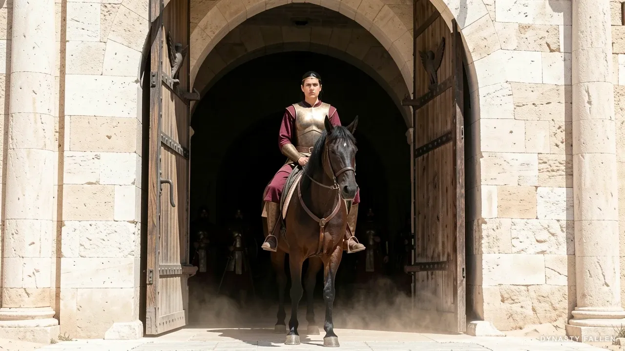 Zenobia armoured riding a dark warhorse through the open Alexandrian gate, the colonnade beyond catching morning light.