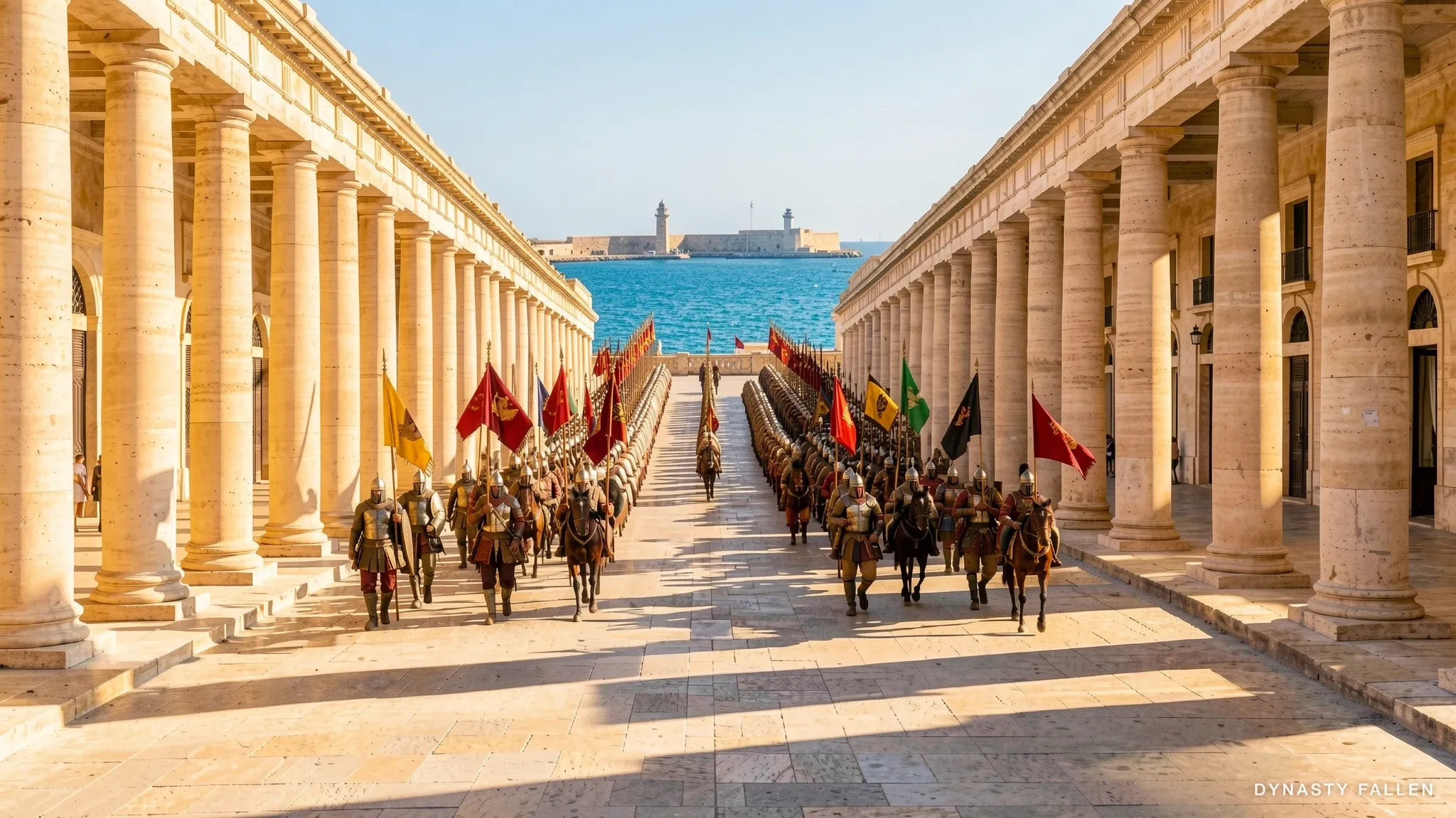 A wide aerial view looking down the length of the Canopic Way colonnade of Alexandria Colonnade at first light.