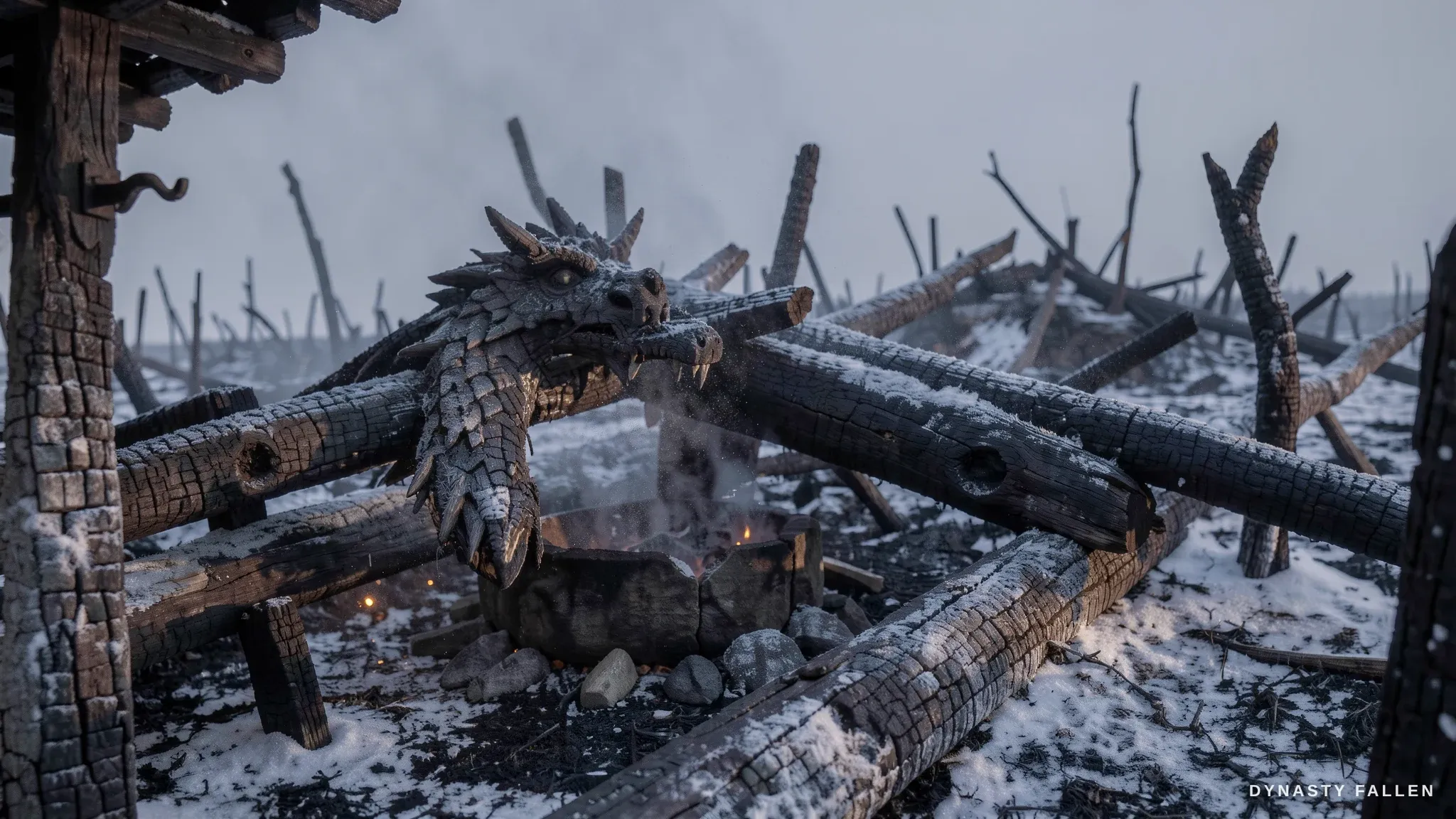 A single charred dragon‑head beam lies half‑fallen against t.