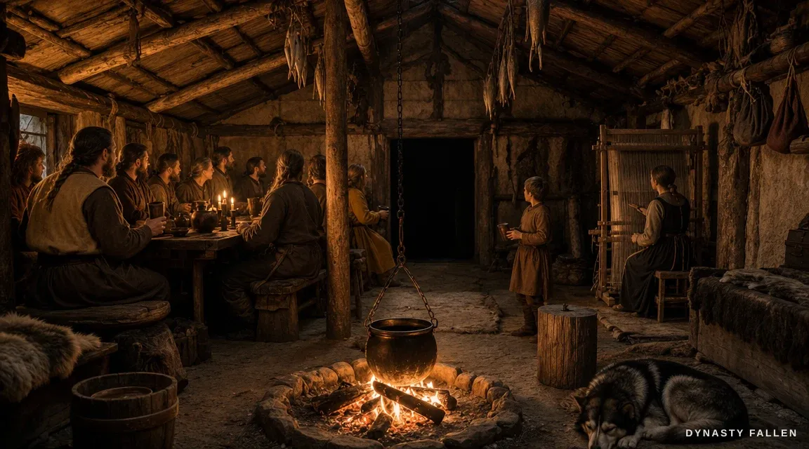 The Brattahlid Longhouse Interior is shown from a wide perspective, hearth burning.