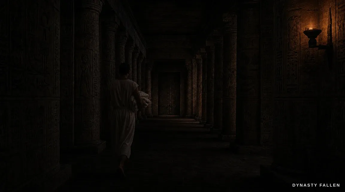 The palace corridor in deep kohl-black night, the dim stone receding into dark.